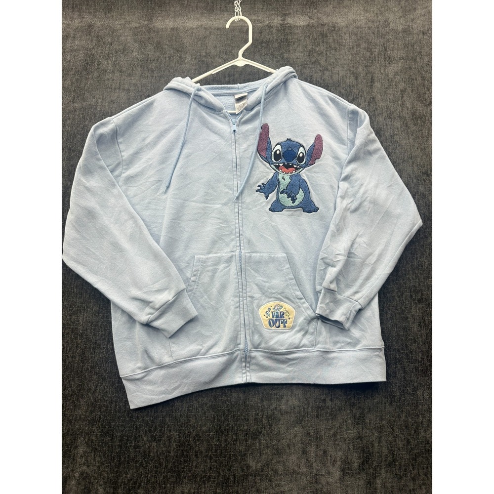 Disney Stitch Hoodie Womens 2XL Blue Embroidered Character Fleece Lined Full Zip
